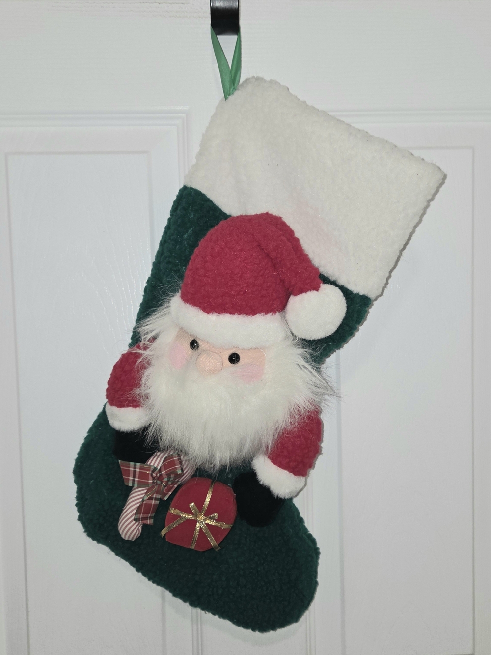 Plush 3D Santa Christmas Stocking White Faux-Fur Stuffed Santa Claus Figure SEE